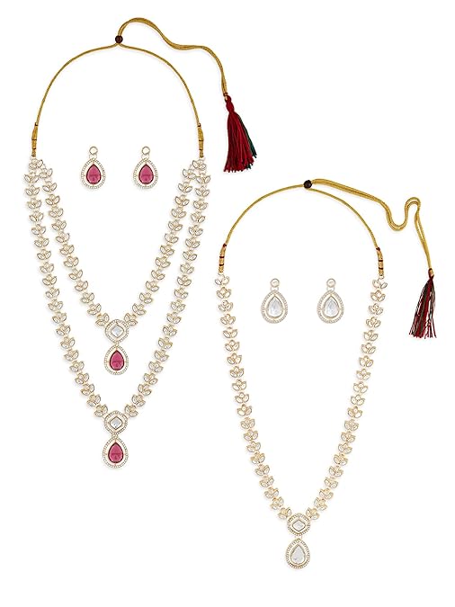 ZAVERI PEARLS Combo of 2 Purple Stones Austrian Diamonds Necklaces & Earrings Set For Women-ZPFK21342